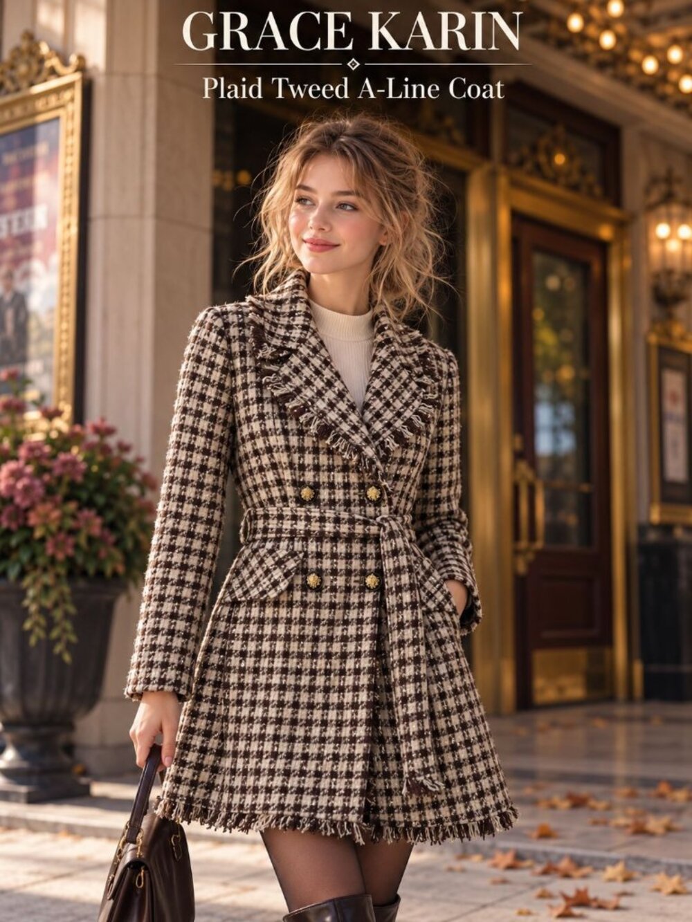 NEW Grace Karin Plaid Tweed A-Line Coat Black M Fringe Belted Old Money